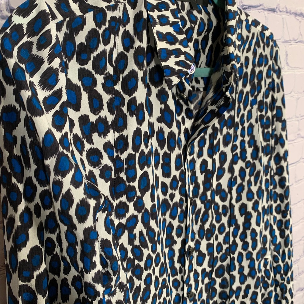 Derek Lam Womens Silk Shirtdress Blue Black Leopard Print Size 4 Quiet Luxury - Picture 3 of 7
